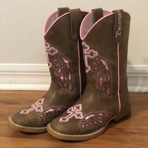 Pink Wing Cross Square Toe Western Boots